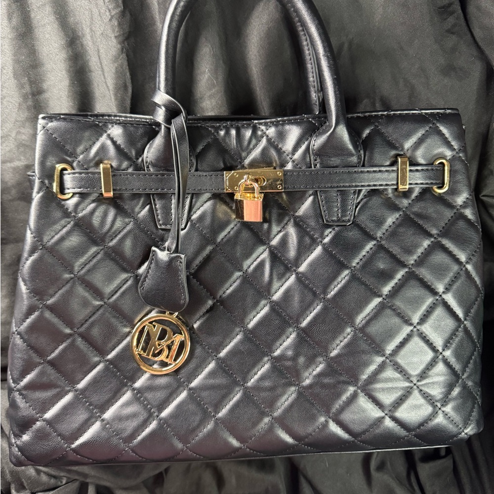 Badgley Mischka Black Quilted Handbag with Gold Accents